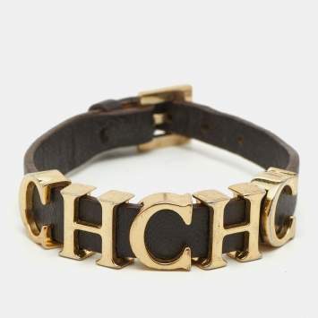 Pre Owned Carolina Herrera Brown Leather Logo Charm Bracelet