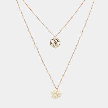 Pre Owned Carolina Herrera CH Faux Pearl Gold Tone Double Chain Necklace