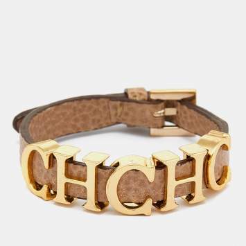 Pre Owned Carolina Herrera Beige Leather Logo Charm Bracelet