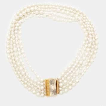 Pre Owned Carolina Herrera CH Crystal Embellished Faux Pearl Gold Tone Necklace
