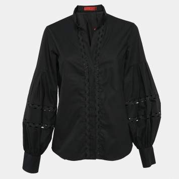 Pre Owned Carolina Herrera Black Cotton Lace Trim Puff Sleeve Shirt M