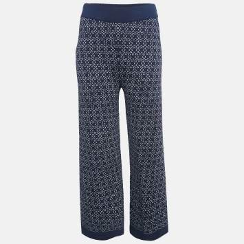 Pre Owned Carolina Herrera Navy Blue Patterned Jersey Wide-Leg Pants XS