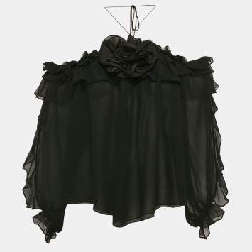 Pre Owned Carolina Herrera Black Silk Floral Detail Off-Shoulder Top M