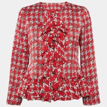 Pre Owned Carolina Herrera Red Tweed Ruffled Jacket M