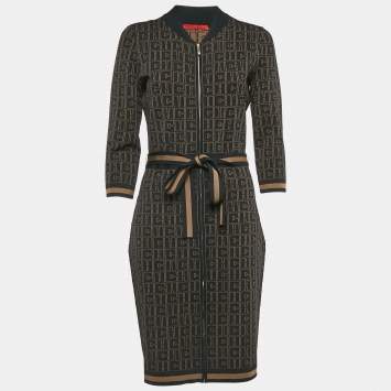 Pre Owned Carolina Herrera Black Logo Jacquard Zip-Up Belted Short Dress M