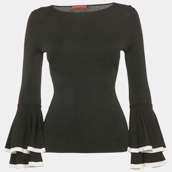 Carolina Herrera Black Stretch Knit Bell Sleeve Top XS