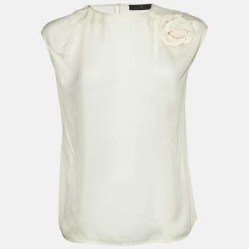 Carolina Herrera Off-White Silk Rose Embellish Detail Sleeveless Top M