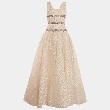 Pre Owned Carolina Herrera Beige Fil Coupe Jacquard Crystal Embellished Gown M
