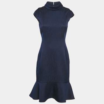 Pre Owned Carolina Herrera Navy Blue Textured Crepe Flounce Short Dress S