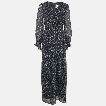 Pre Owned Carolina Herrera Navy Blue Printed Lurex Silk Maxi Dress M