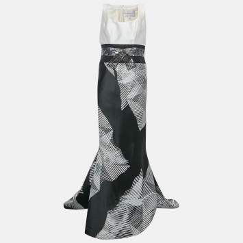 Carolina Herrera White & Black Silk Jacquard Embellished Detail Sleeveless Mermaid Gown L