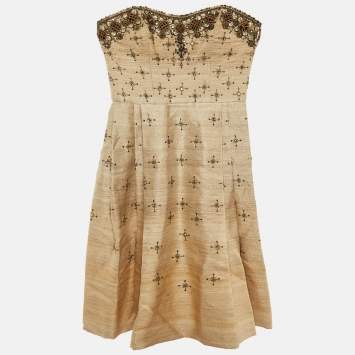 Carolina Herrera Beige Ombre Raw Silk Embellished Strapless Dress M