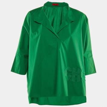 Pre Owned قميص كارولينا هيريرا قطني أخضر برقعة شعار واسع حجم كبير