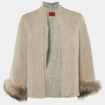 Pre Owned Carolina Herrera Beige Wool Fur Detail Open Front Jacket M