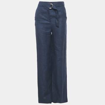 Pre Owned بنطلون كارولينا هيريرا حزام لينين أزرق مقاس صغير جدًا (إكس سمول)