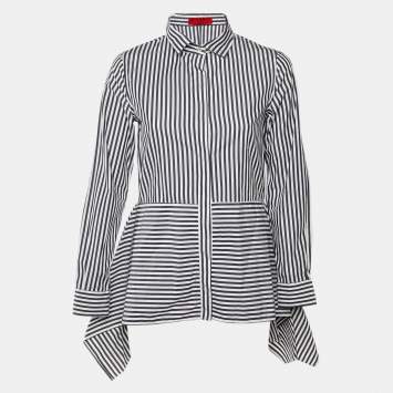 Pre Owned CH Carolina Herrera Navy Blue & White Striped Cotton Asymmetric Hem Shirt M