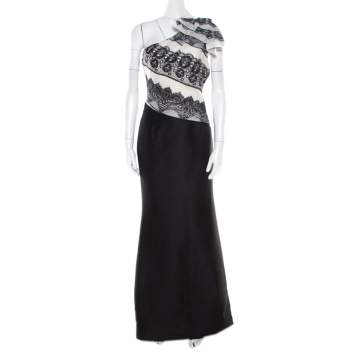 Pre Owned Carolina Herrera Monochrome Lace Print Silk One Shoulder Evening Gown L