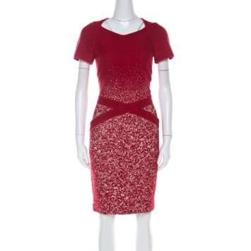 Pre Owned Carolina Herrera Red Textured Wool Short Sleeve Pencil Dress M 