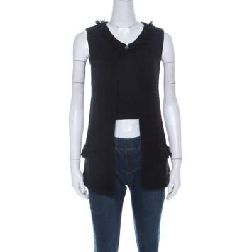 Pre Owned CH Carolina Herrera Black Chunky Knit Merino Wool Fringed Sleeveless Cardigan XS
