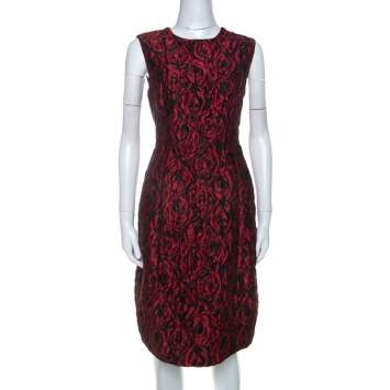 Pre Owned Carolina Herrera Red Floral Patterned Jacquard Sleeveless Sheath Dress L