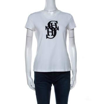 Pre Owned CH Carolina Herrera White Cotton Embroidered Logo Detail T-Shirt S