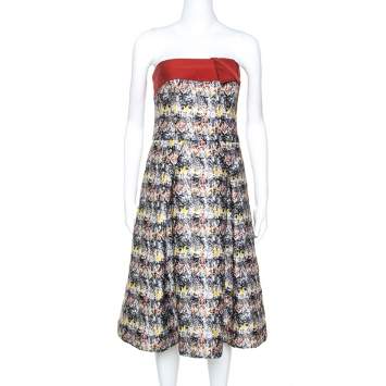 Pre Owned Carolina Herrera Multicolor Jacquard Strapless Dress L