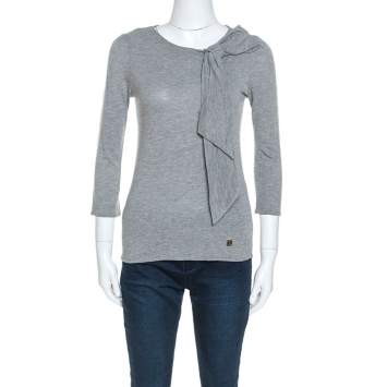 Pre Owned Carolina Herrera Grey Wool Blend Jersey Bow Detail Top XS