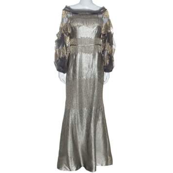 Pre Owned Carolina Herrera Silver Jacquard Embellished Detail Off Shoulder Gown M