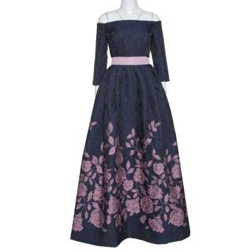 Pre Owned Carolina Herrera Navy Blue Floral Jacquard Off Shoulder Gown L