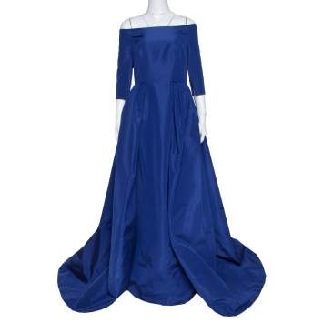 Pre Owned Carolina Herrera Royal Blue Silk Off Shoulder Gown L