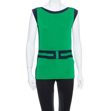 Pre Owned CH Carolina Herrera Green Knit Contrast Trim Bow Detail Sleeveless Top M