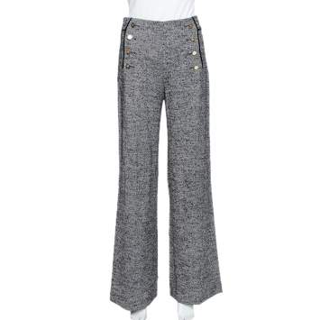 Pre Owned Carolina Herrera Monochrome Striped Wool High Waist Straight Leg Trousers S