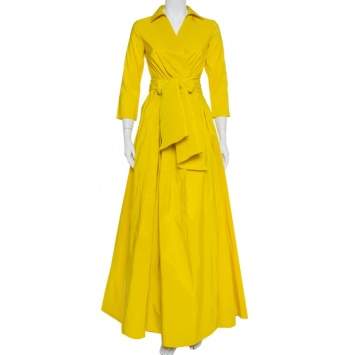 Pre Owned CH Carolina Herrera Yellow Pleated Maxi Wrap Dress S