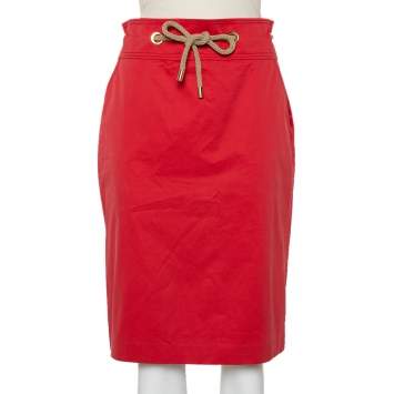 Pre Owned CH Carolina Herrera Vintage Red Cotton Waist Tie Detail Knee Length Skirt L