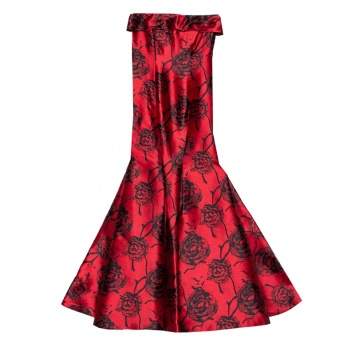 Pre Owned CH Carolina Herrera Red & Black Floral Jacquard Strapless Mermaid Gown M