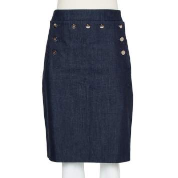 Pre Owned CH Carolina Herrera Navy Blue Denim Button Detail Knee Length Skirt L