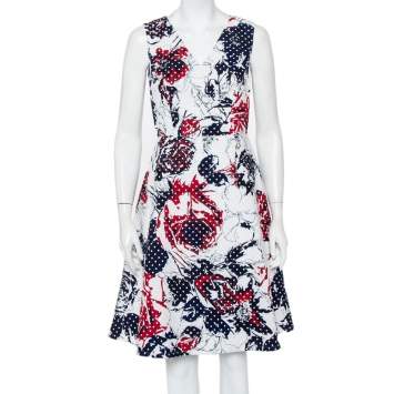 Pre Owned Carolina Herrera Multicolor Abstract Printed Textured Cotton Sleeveless Midi Dress M