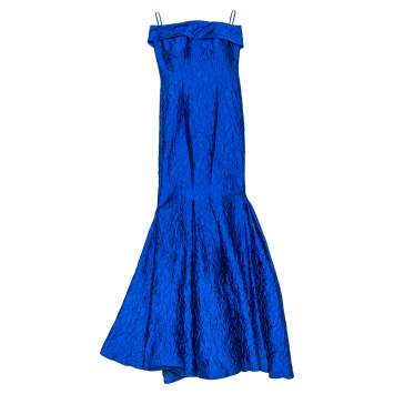 Pre Owned CH Carolina Herrera Royal Blue Crinkled Jacquard Strapless Gown S