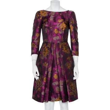 Pre Owned CH Carolina Herrera Magenta Floral Jacquard Pleated Midi Dress S