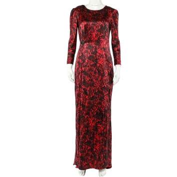 Pre Owned CH Carolina Herrera Black & Red Abstract Printed Silk Satin Brooch Detail Maxi Dress M