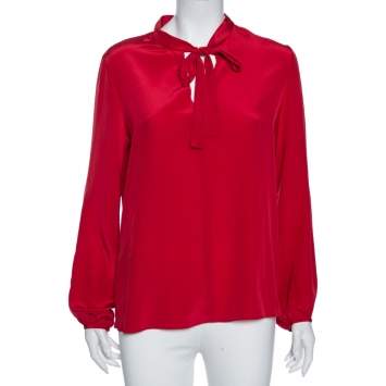 Pre Owned Carolina Herrera Red Silk Neck Tie Detail Blouse M 