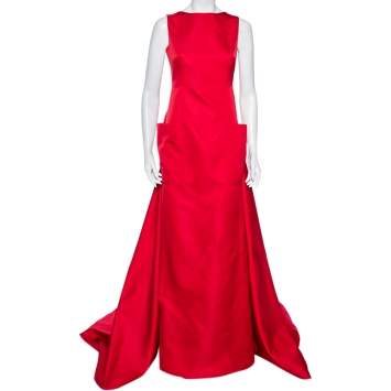 Pre Owned Carolina Herrera Red Sateen Backless Evening Gown M