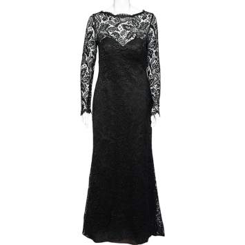 Pre Owned Carolina Herrera Black Lace Trail Detail Long Sleeve Gown L