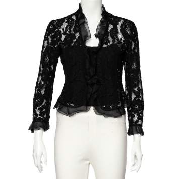 Pre Owned Carolina Herrera Black Lace Ruffled Trim Button Front Shrug M
