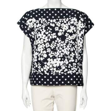 Pre Owned CH Carolina Herrera Navy and White Floral Print Square Top M