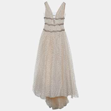 Pre Owned Carolina Herrera Ivory Lurex Jacquard Crystal Embellished Gown M 