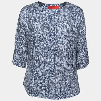 Pre Owned CH Carolina Herrera Blue Printed Crinkled Silk Blouse M