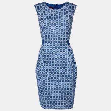 Pre Owned CH Carolina Herrera Blue & White Patterned Sleeveless Midi Dress L