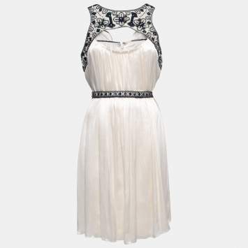 Pre Owned Carolina Herrera Cream Plisse Silk Embroidered Cutout Dress XL