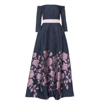 Pre Owned Carolina Herrera Navy Blue Floral Jacquard Off Shoulder Gown M